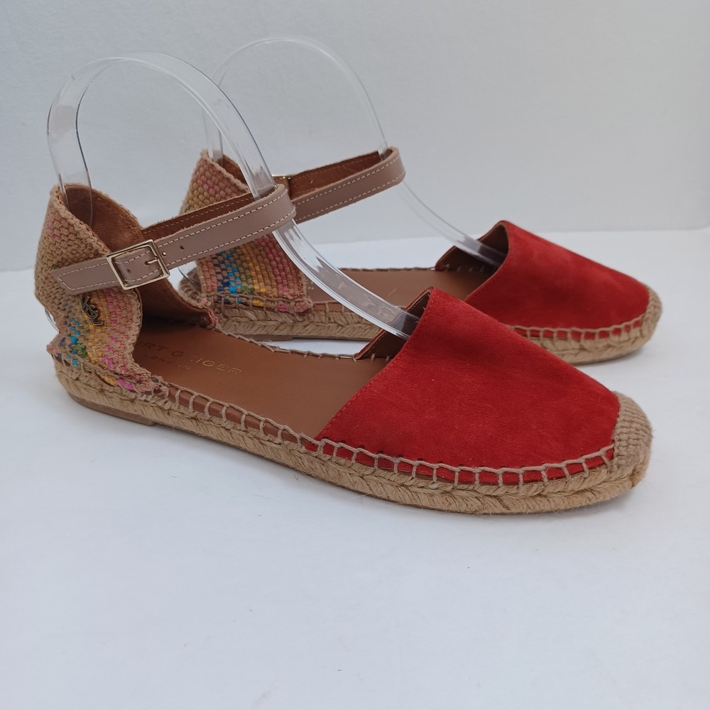 Kurt Geiger London Red Suede Espadrille Flats Ankle Strap Multi Woven Heel US 9 - Picture 14 of 14